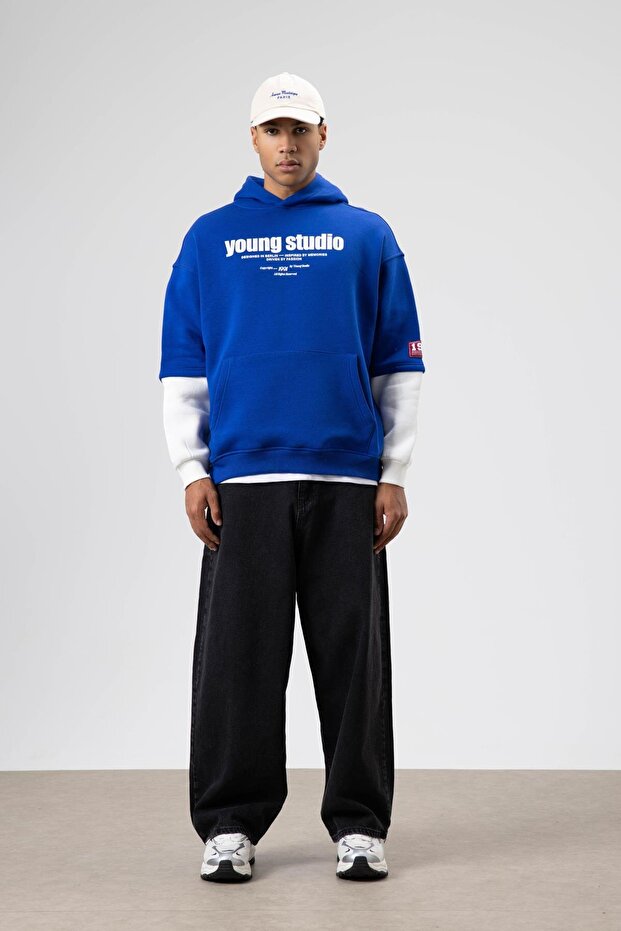 Oversize Baskılı Kapüşonlu Sweatshirt Saks - 5