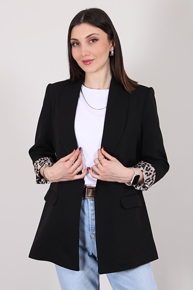 سترة بليزر مبطنة باللون الأسود بنقشة الفهد مقاس كبير متناسق - 1