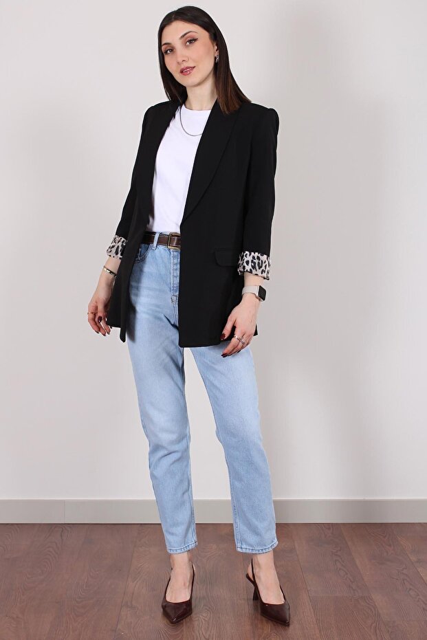 سترة بليزر مبطنة باللون الأسود بنقشة الفهد مقاس كبير متناسق - 5