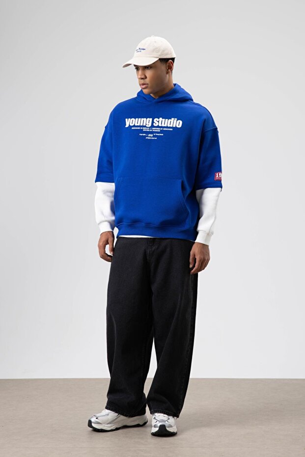 Oversize Baskılı Kapüşonlu Sweatshirt Saks - 1