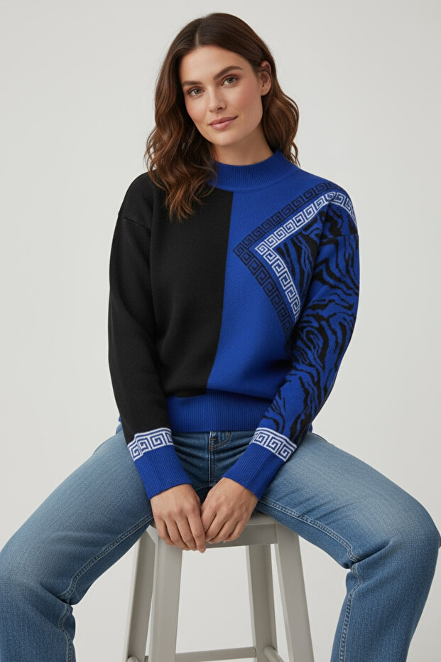 Half-Throated Patterned Knitwear Sweater – Stylish Model with Geometric and Zebra Pattern Combination - 2