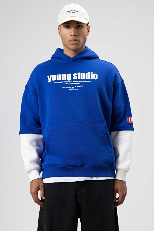 Oversize Baskılı Kapüşonlu Sweatshirt Saks - 2