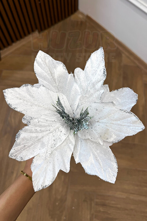 Silver Off-White Mistletoe 21 cm Velvet Glitter Sequin Christmas Pine Tree New Year Artificial Flower Decor