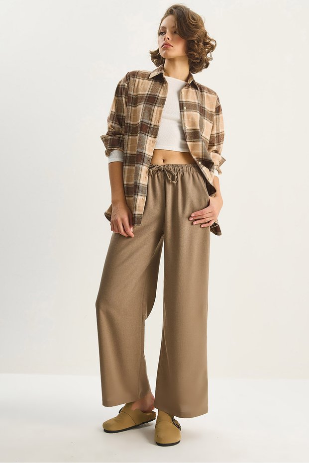 Women's Mink High Waist Elastic Waist Tie Detailed Pocketed Fabric Loose Trousers 4031 60283636