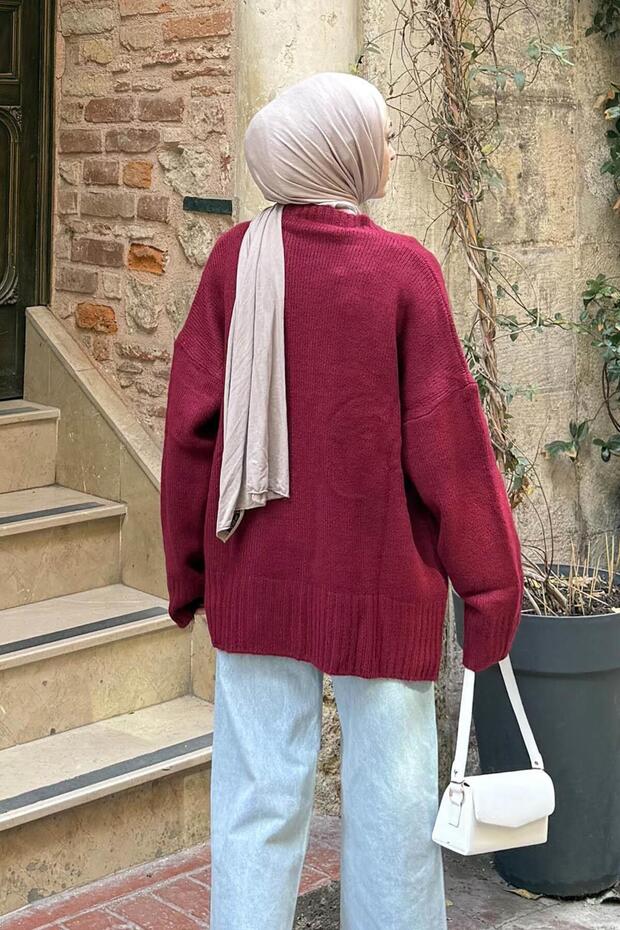 Salaş Dokulu Basic Hırka Bordo - 4