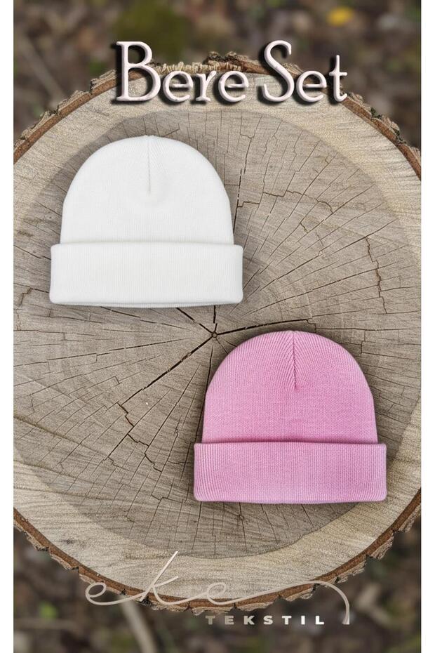 Unisex Folded Pink, White 2-Piece Beanie Set Ekebereseti̇2Li̇yeni̇