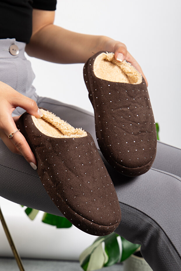 Soft Suede House Slippers with Fur Inside and Stone Embroidery