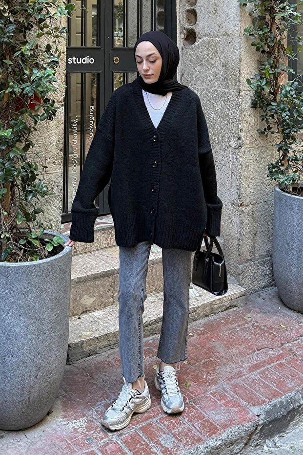 Salaş Dokulu Basic Hırka Siyah - 1