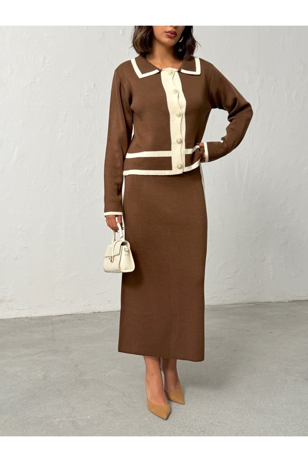 Women's Brown Pearl Buttoned Skirted Knitwear Set