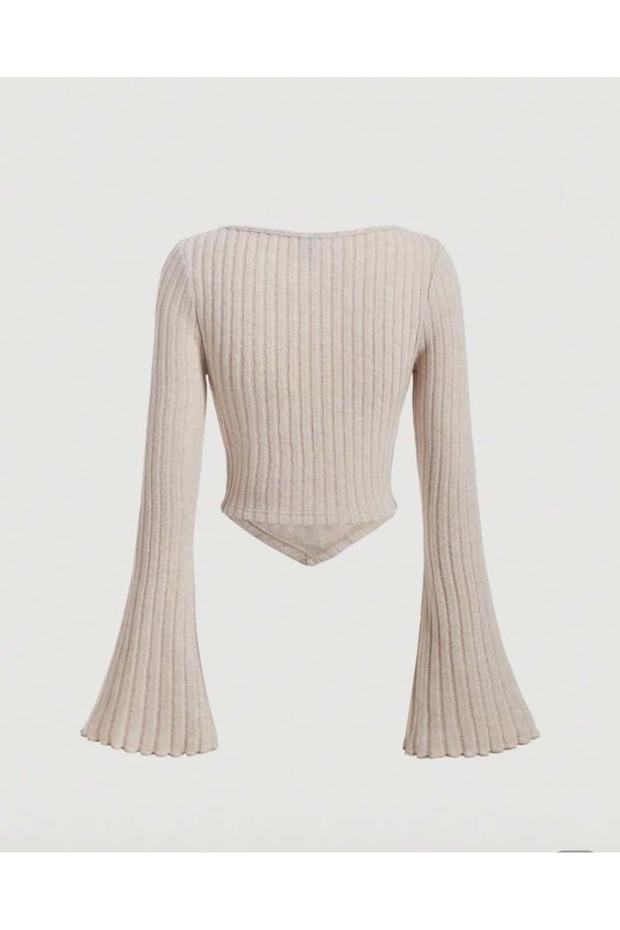 Asymmetrical Blouse with Gathered Front, Flared Sleeves, Lettuce Edge Stitching Detail. - 2