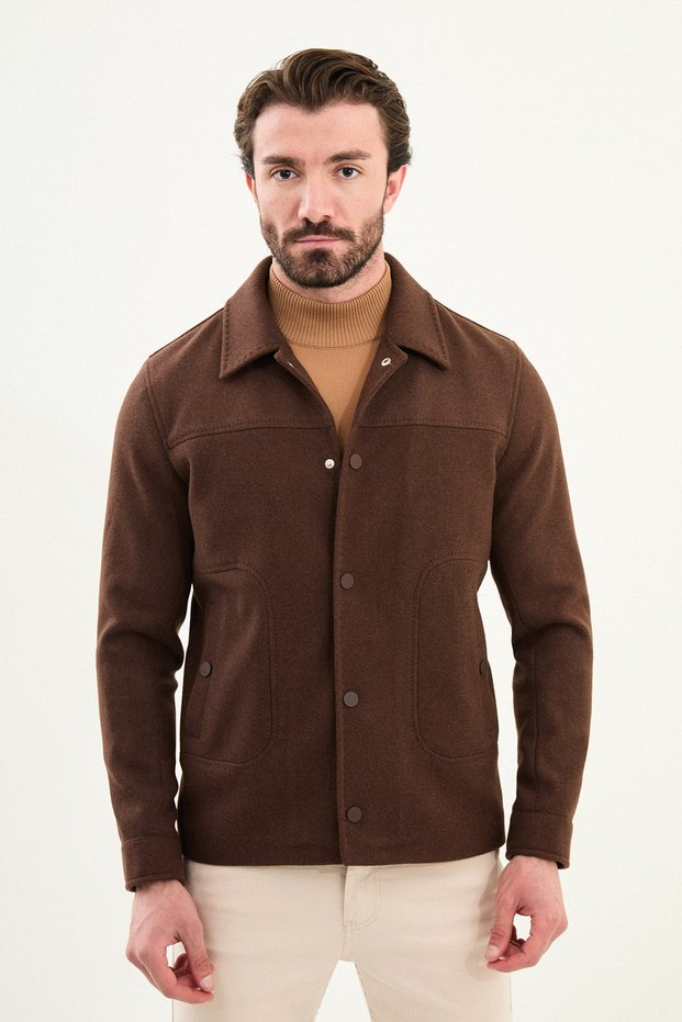 Straight Slim Fit Shirt with Collar Buttons and Side Pockets Men's Coat Brown - 39650.25K