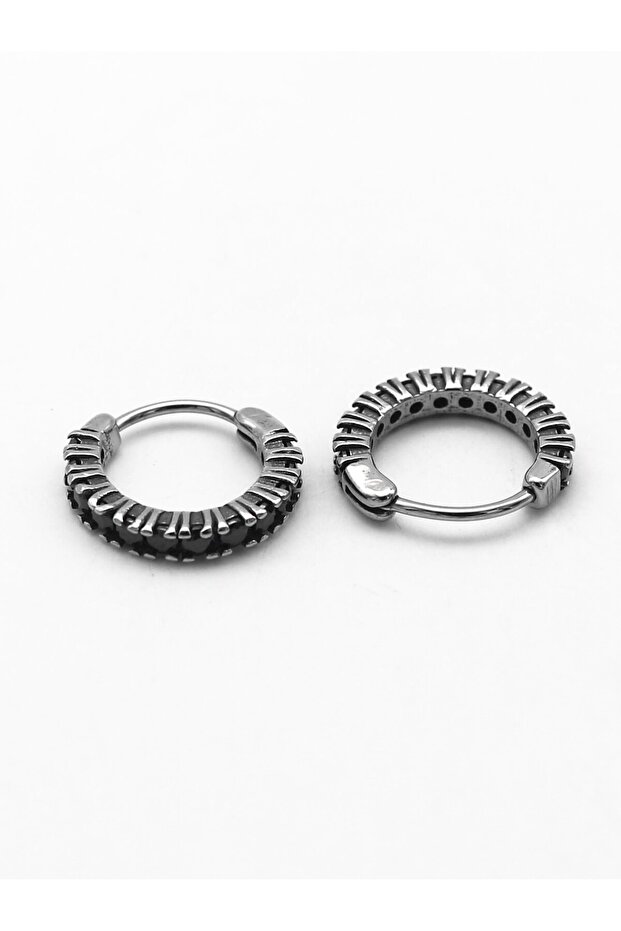 Black Zircon Stone Hoop Threaded Unisex 316L Stainless Steel Earrings Pair