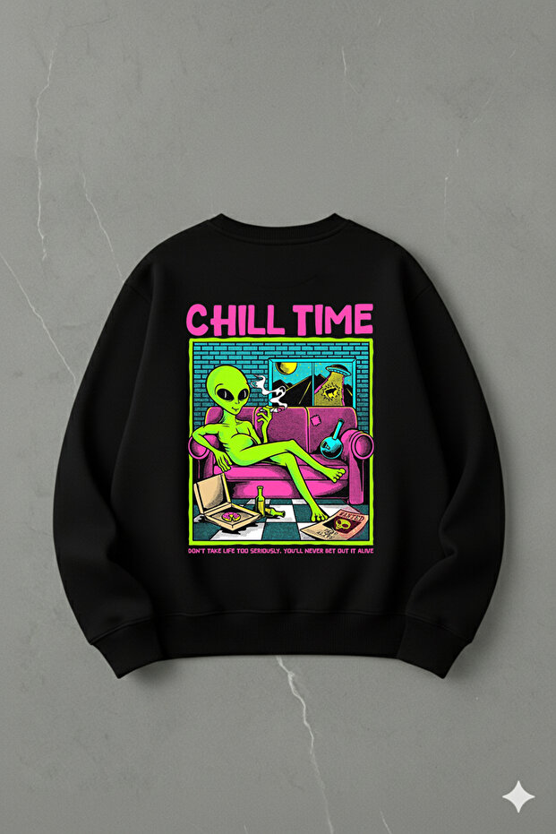 سويت شيرت قطني كبير الحجم للجنسين برقبة دائرية – طباعة CHILL