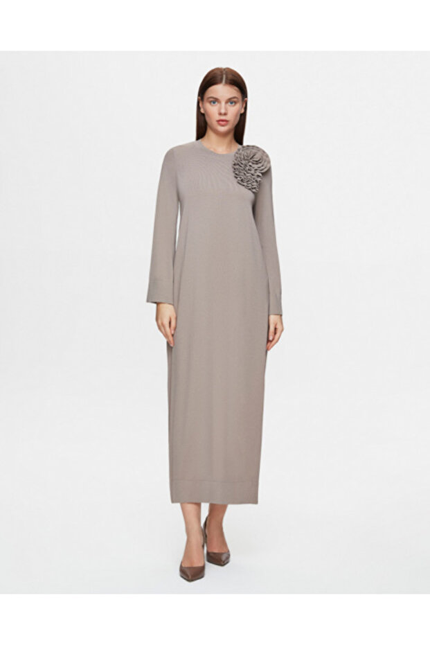 Düz Renk Basic Triko Vizon Elbise - 1