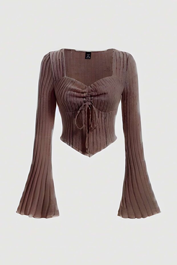 Asymmetrical Blouse with Gathered Front, Flared Sleeves, Lettuce Edge Stitching Detail. - 1