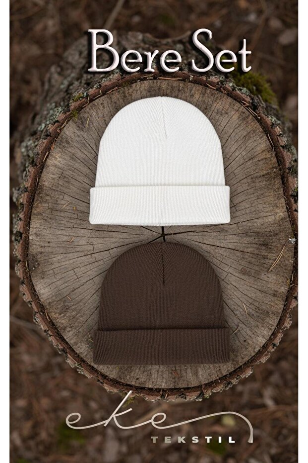 Unisex Folded White, Brown 2-Piece Beanie Set Ekebereseti̇2Li̇yeni̇