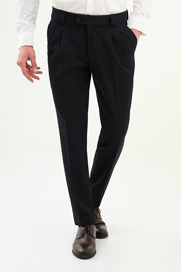 Straight Slim Fit Pleated Men's Trousers Dark Navy - 38341.25K