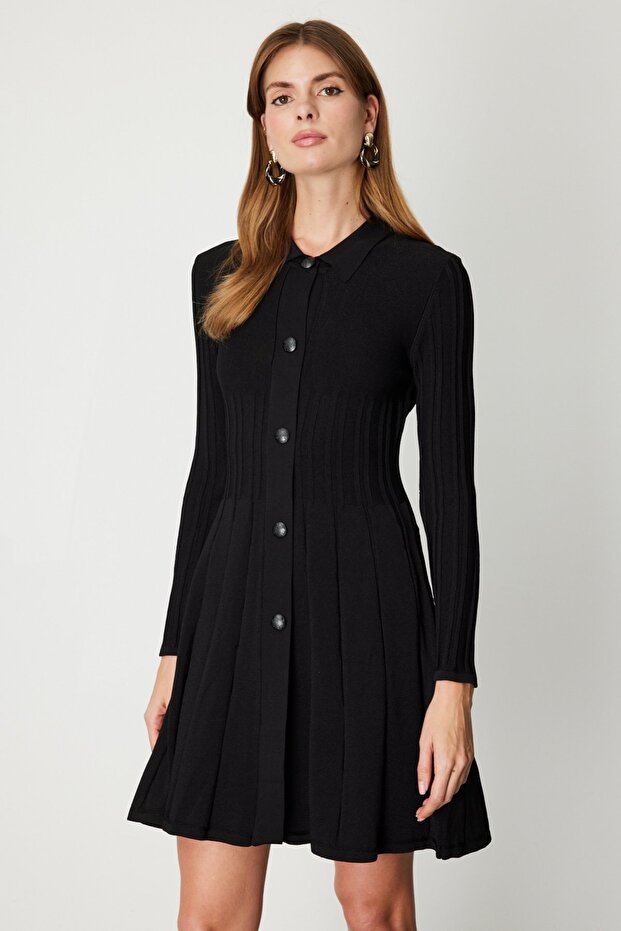 Süs Düğmeli Midi Boy Triko Elbise -66482 - 3