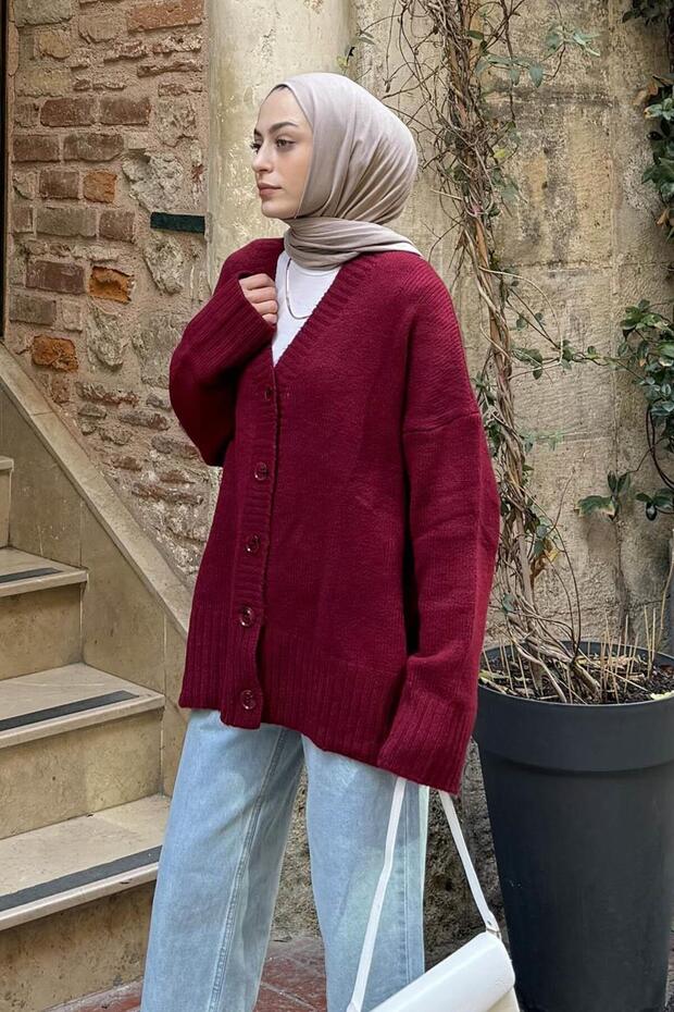 Salaş Dokulu Basic Hırka Bordo - 2