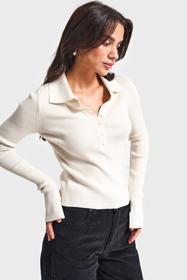 Kadın Ekru Renk w5-101 Polo Yaka Viskon Esnek Kumaş Triko - 3