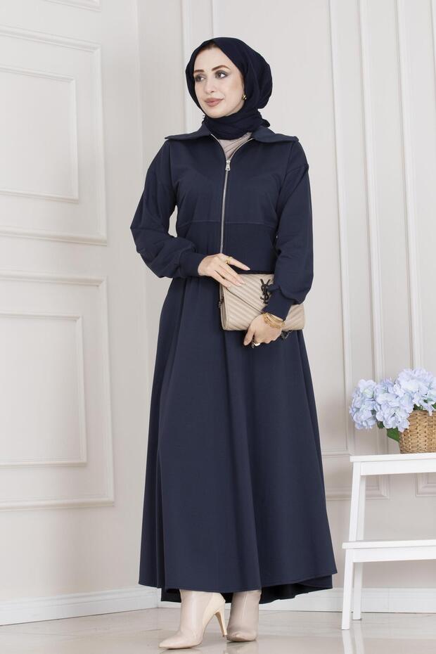 Zippered Skirt Suit-Navy Blue