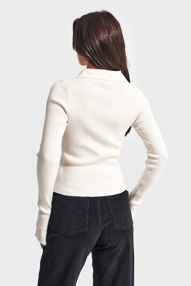 Kadın Ekru Renk w5-101 Polo Yaka Viskon Esnek Kumaş Triko - 7