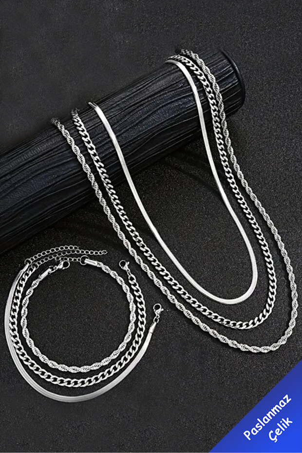 6-Piece Stainless Steel Men's Necklace and Bracelet Set (3 Necklaces + 3 Bracelets)