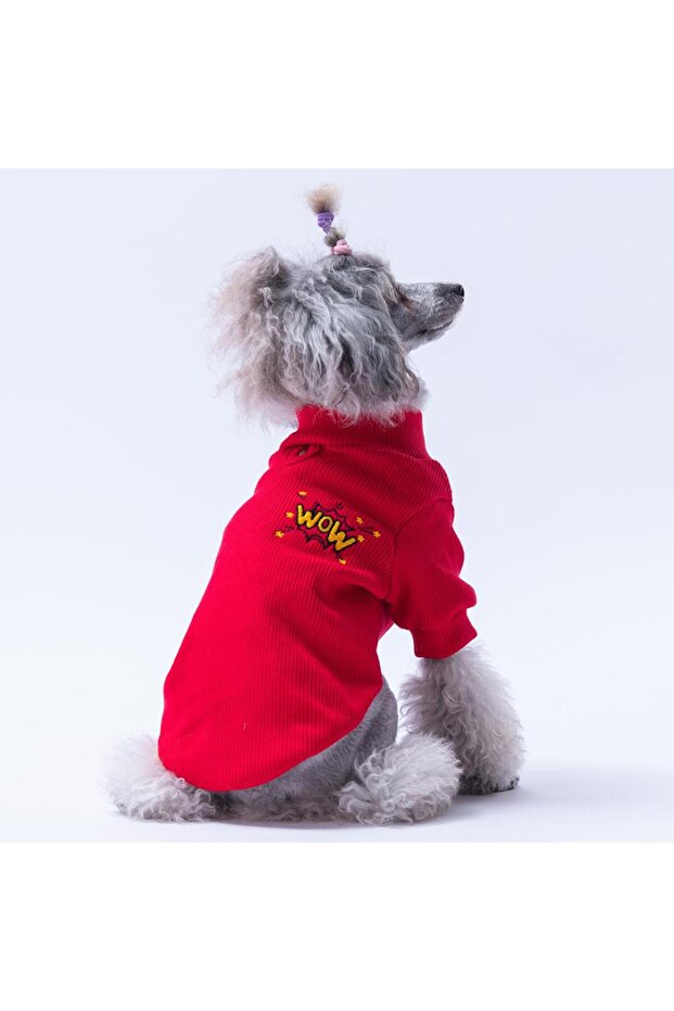Red Wow Embroidered Stretchy Cat Dog Sweatshirt - Cat Dog Outfit