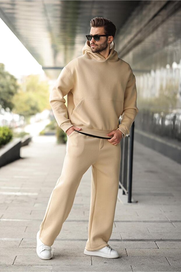 Bej Kapüşonlu Kanguru Cep Erkek Eşofman Takımı E7338 - 4