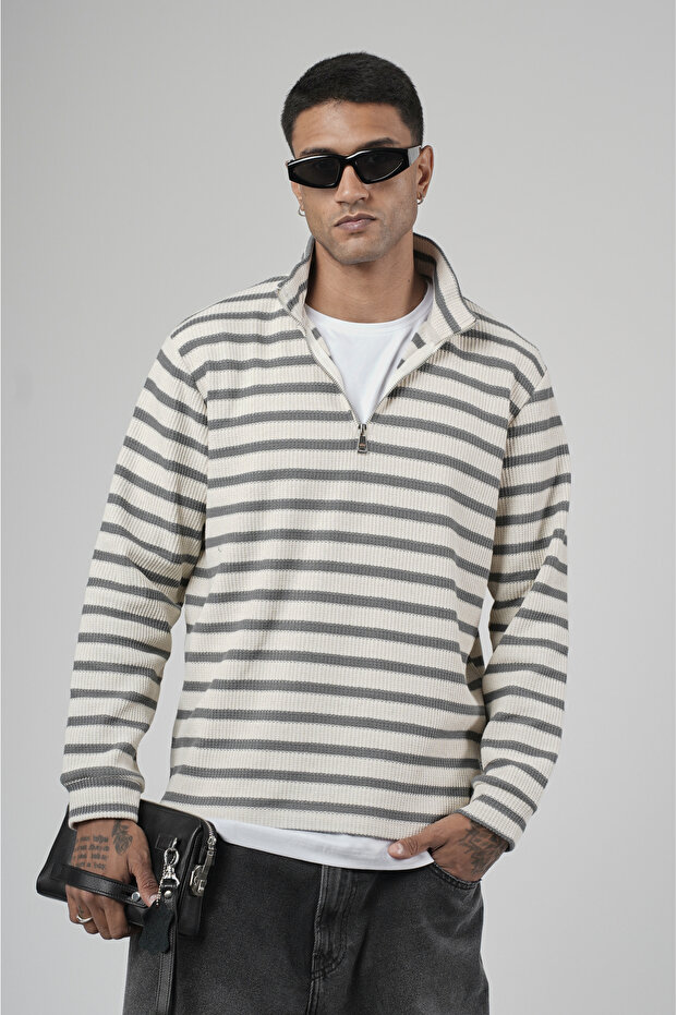 Trend Biz Striped Patterned Regular Jacquard Half Zipper Sweatshirt