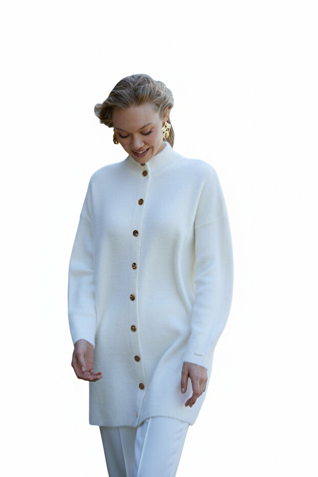 Snap-Buttoned Stand-Up Collar Soft Cardigan - 1