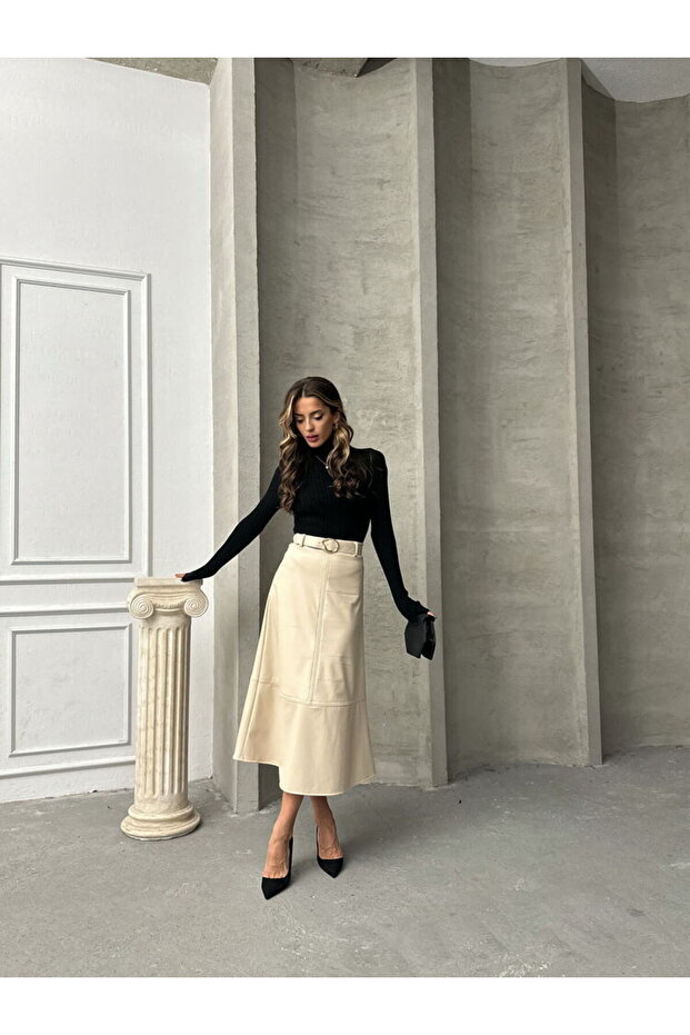 Kemerli Deri Midi Etek - 2