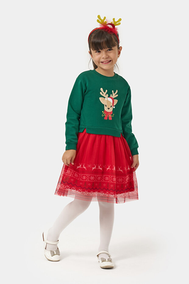Crown Gift Printed Tulle Girls' Christmas Dress Christmas Green
