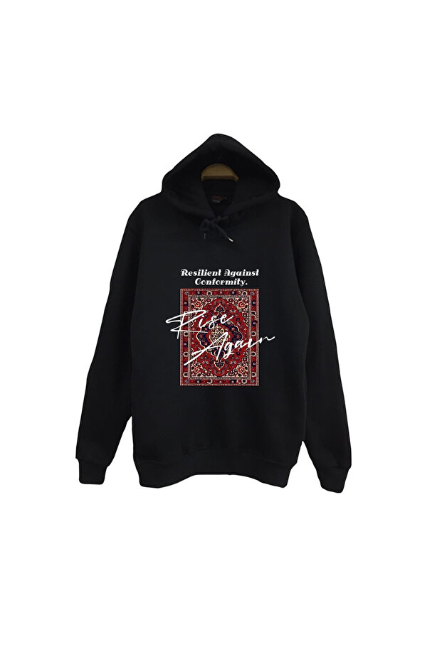 Motif - Carpet - Woven Printed Unisex 100% Cotton Black Hooded Sweatshirt