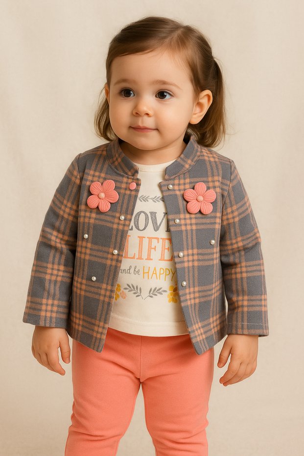 Plaid Pearl Baby Girl Children's Jacket, Pants, T-Shirt 3 Piece Set