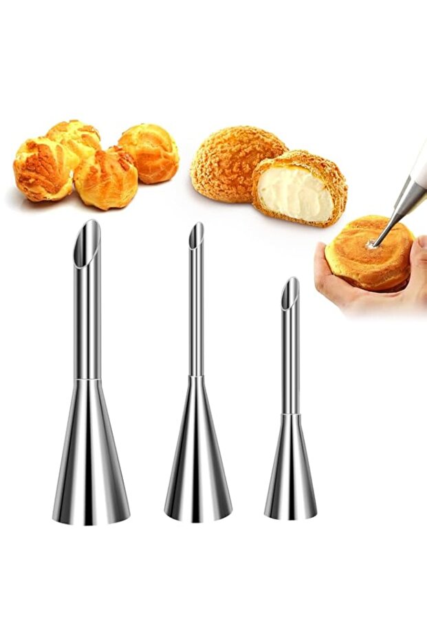 Suuker Cream Piping Tips, Stainless Steel Long Cream Puff Nozzle Decor Small Pastry Icing Piping Decorating Tools (3 Pieces)