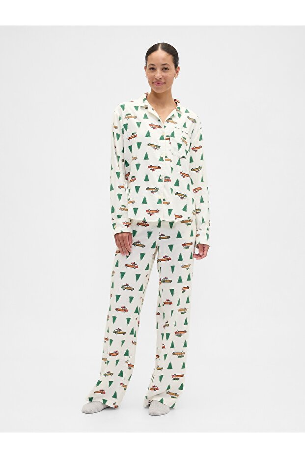 Kadın Ekru Relaxed Flannel Pijama Üstü - 3