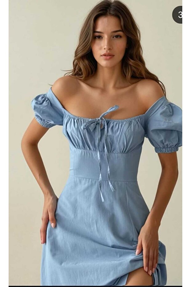 Açık soft mavi midi bou elbise - 4