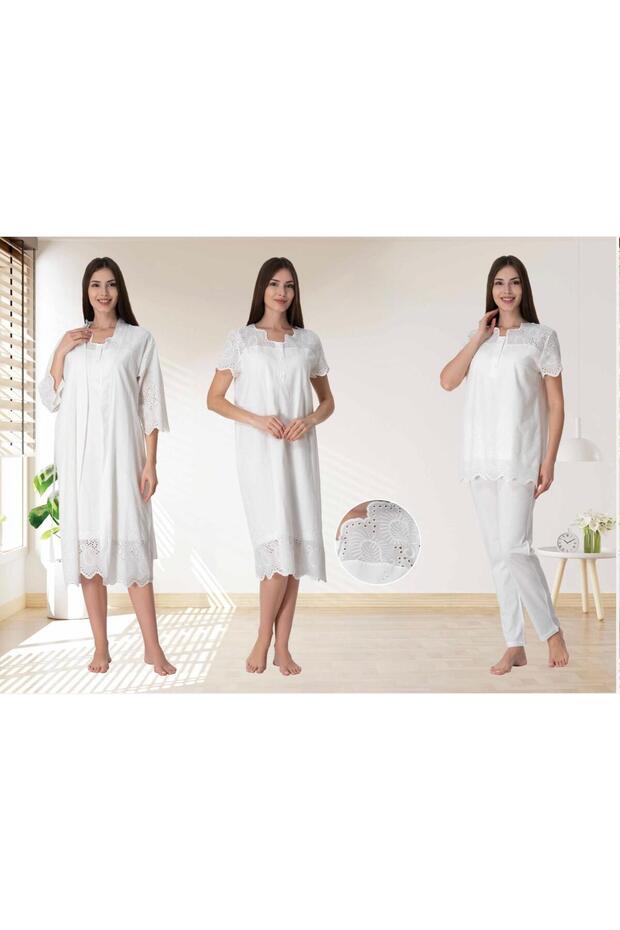 Women's Ecru Linen Ruffled Maternity Pajama Set Nightgown 4-Piece Set