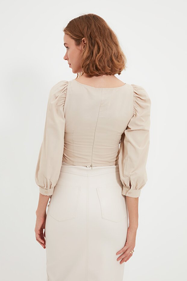 Tkana bluzka taupe z rękawami balonowymi i kwadratowym dekoltem TWOAW21BZ0210 - 8