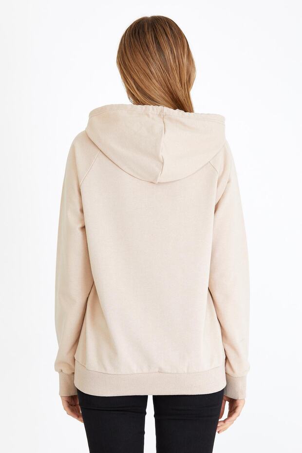 Kadın Bej Kapüşonlu Basic Örme Sweatshirt - 6