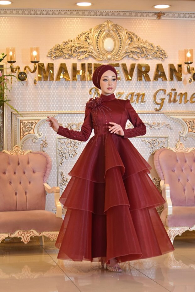 Dicle Bordo Abiye Elbise - 1