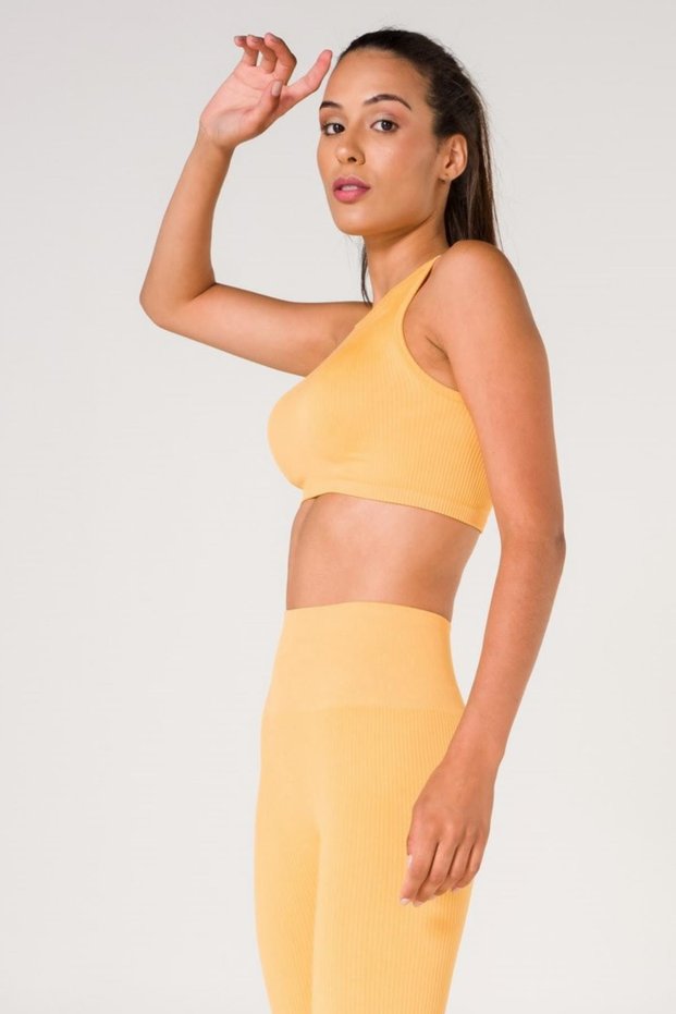 Women's Seamless Ribbed Sports Bra with Thick Straps Mustard Color - Flexible Sports Underwear & U-Neck 1510