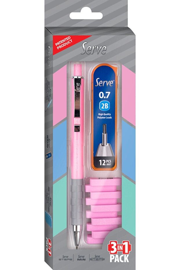 Steps Versatil Kalem 0.7 Mm + Min + Silgi 3'lü Set Şeker Pembe - 1