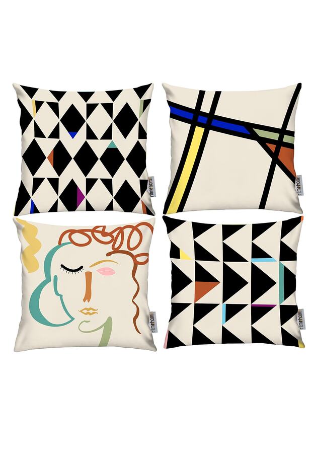 Scandinavian, Cozy, Bohemian, Modern Double Sided Printed 4-Piece Throw Pillow Cover Cream, Black, Colorful