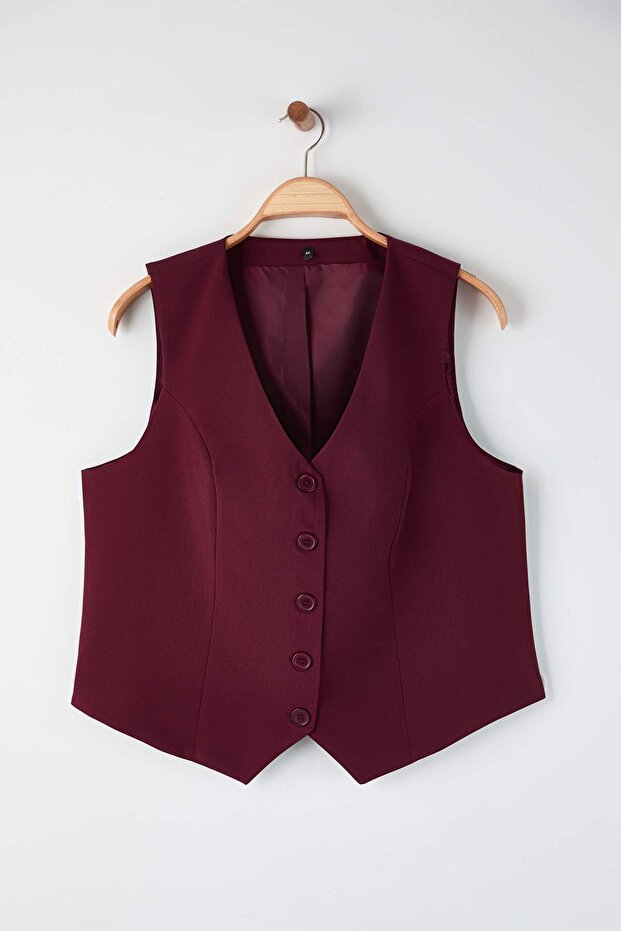 Bordo Fitted Crop Düğmeli Dokuma Büyük Beden Yelek TBBSS24BH00003 - 5