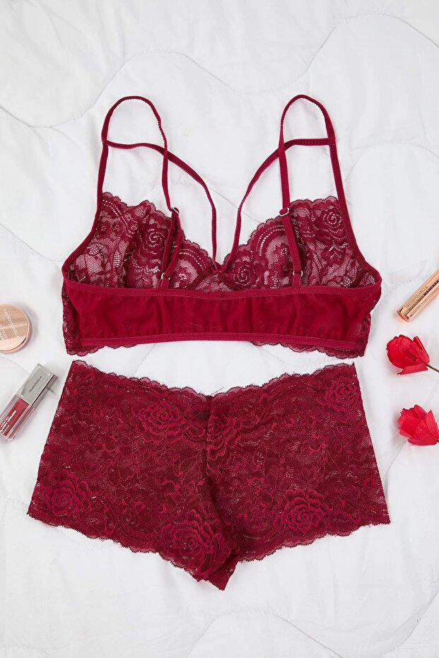 Bordo Tül Detaylı Dantel Kapsız Örme İç Çamaşırı Takımı THMAW26CC00021 - 8