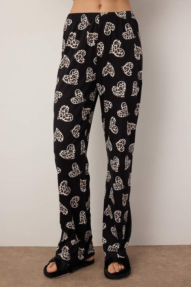 Siyah %100 Pamuklu Leopar Kalpli Örme Pijama Takımı THMAW25PT00142 - 3