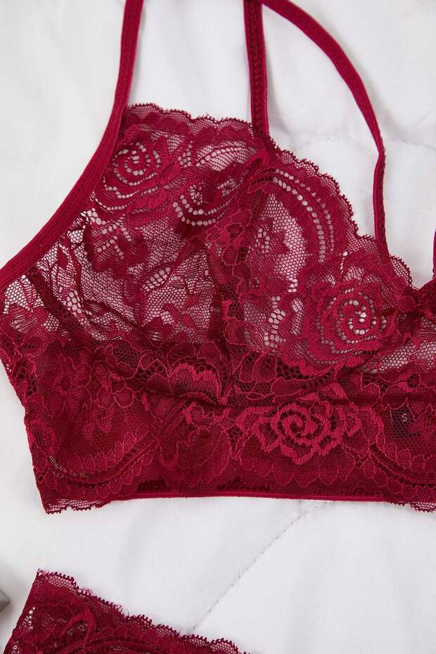 Bordo Tül Detaylı Dantel Kapsız Örme İç Çamaşırı Takımı THMAW26CC00021 - 7