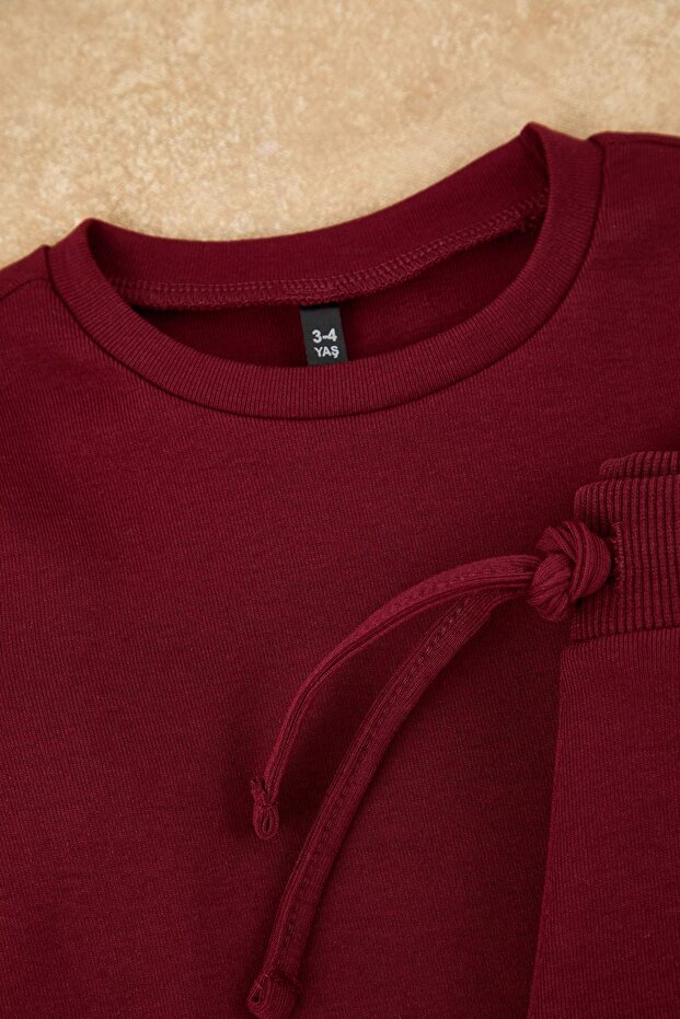Bordo Düz/Basic Esnek Bisiklet Yaka Regular Örme Kız Çocuk Taytlı Alt - Üst Takım TKDAW26AU00010 - 4